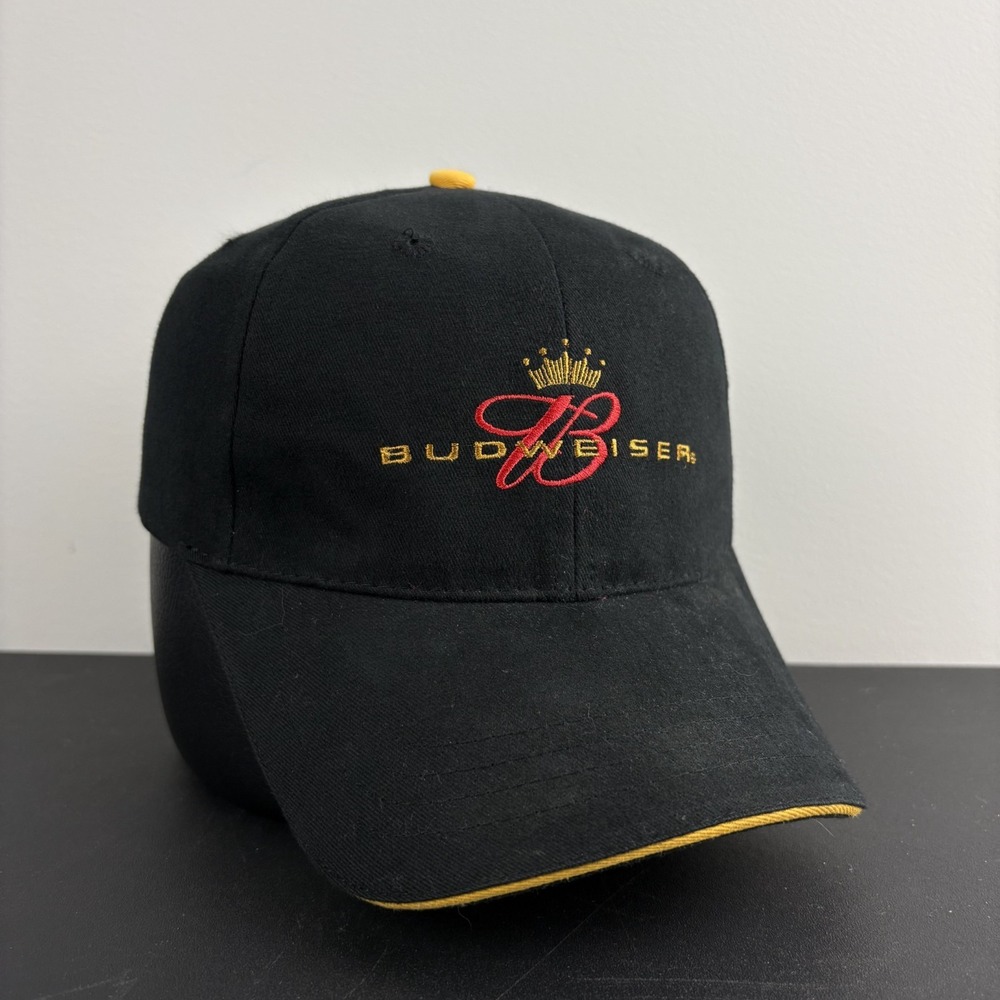 Vintage Y2K Budweiser Hat Black Gold Crown Beer Promo Strapback Adjustable Cap